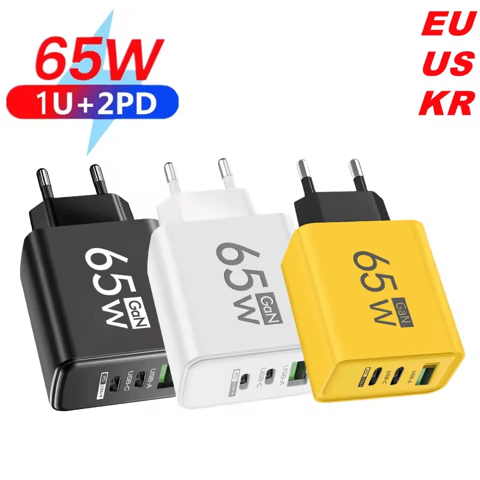 65W GaN USB chargeur 3 Ports PD Type C Charge rapide prise ue/US/KR adaptateur mural de voyage Charge rapide USB C chargeur adaptateur d'alimentation