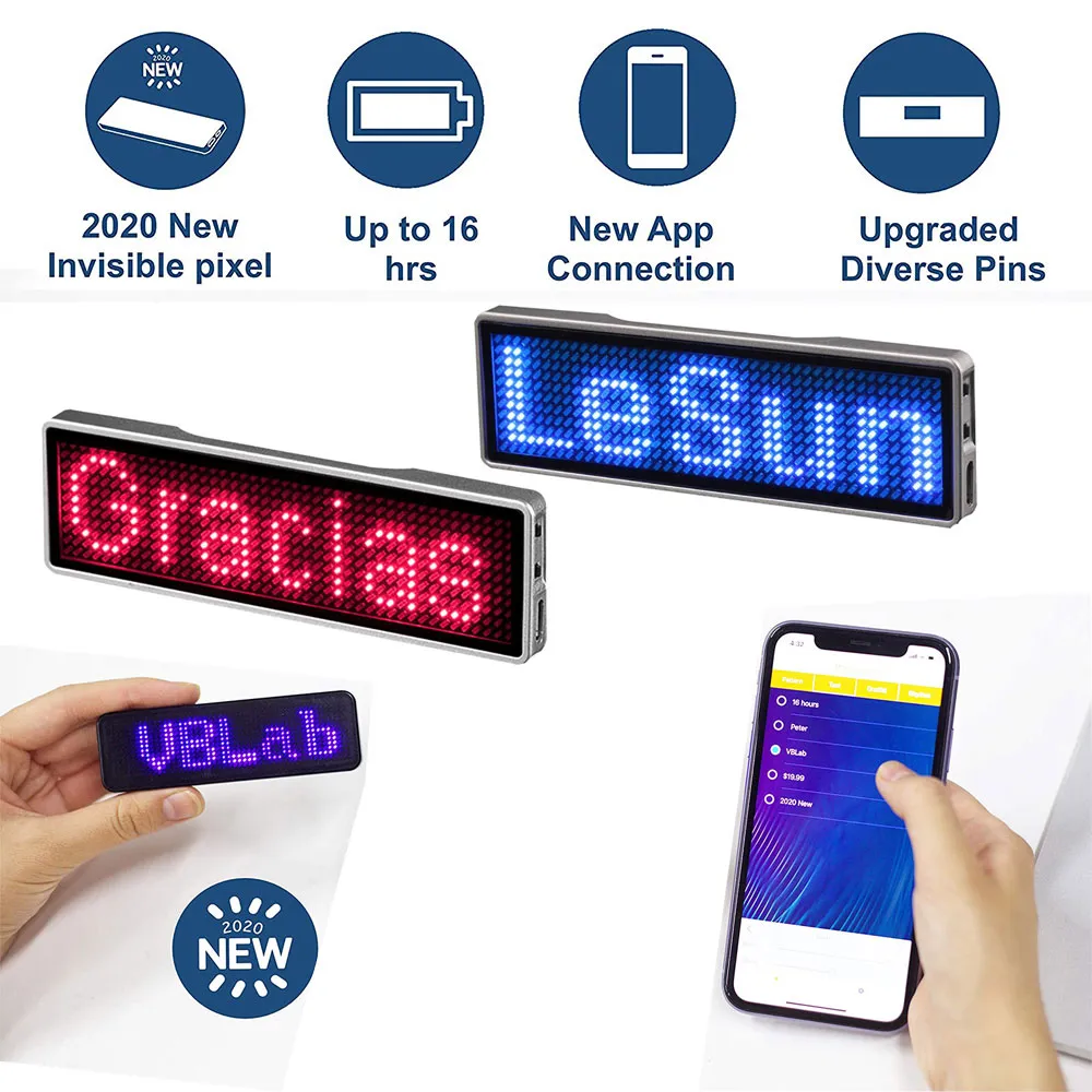 Badge nominatif LED Bluetooth entièrement neuf, programmable, avec mes