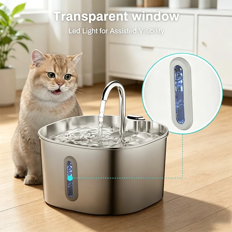 Distributeur d'eau pour chat en acier inoxydable de 2,2 L, fontaine à 