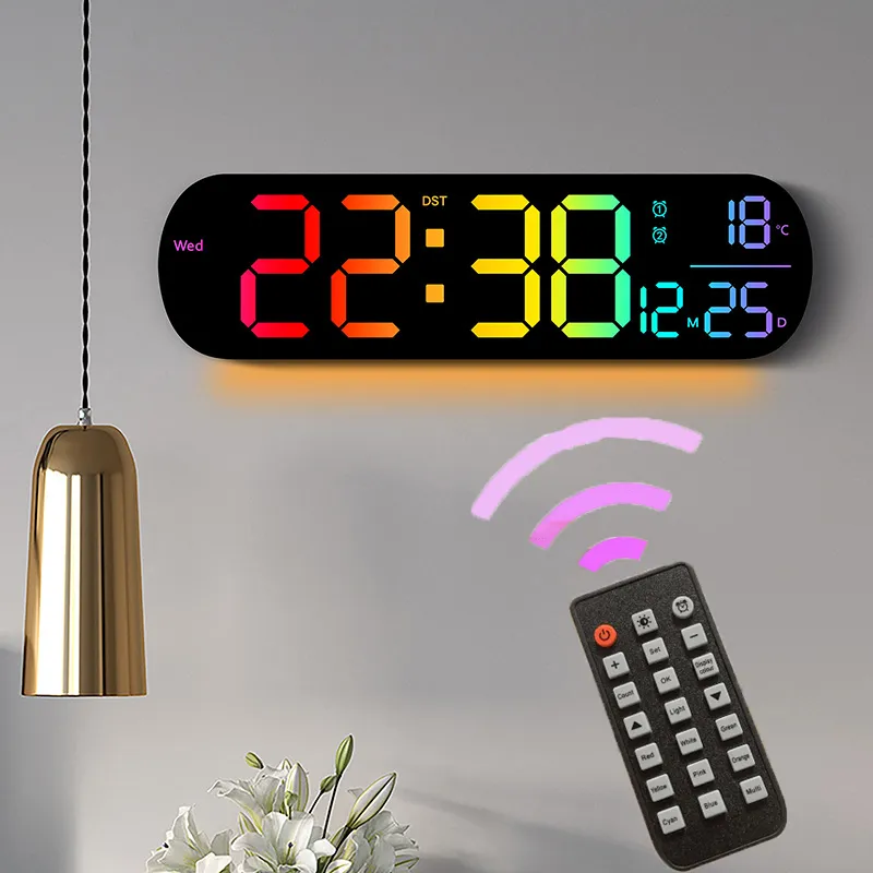 Grande horloge murale numérique colorée rvb, affichage de la températu