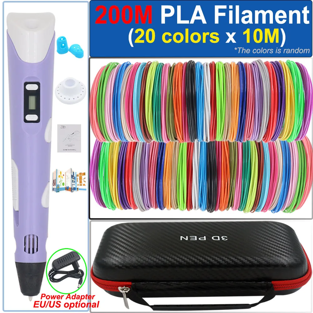 Stylo 3D pour enfants, stylo d'impression de dessin 3D avec adaptateur d'alimentation pour écran LCD, jouet à Filament PLA de 200M, cadeau de noël et d'anniversaire pour enfants, DIY
